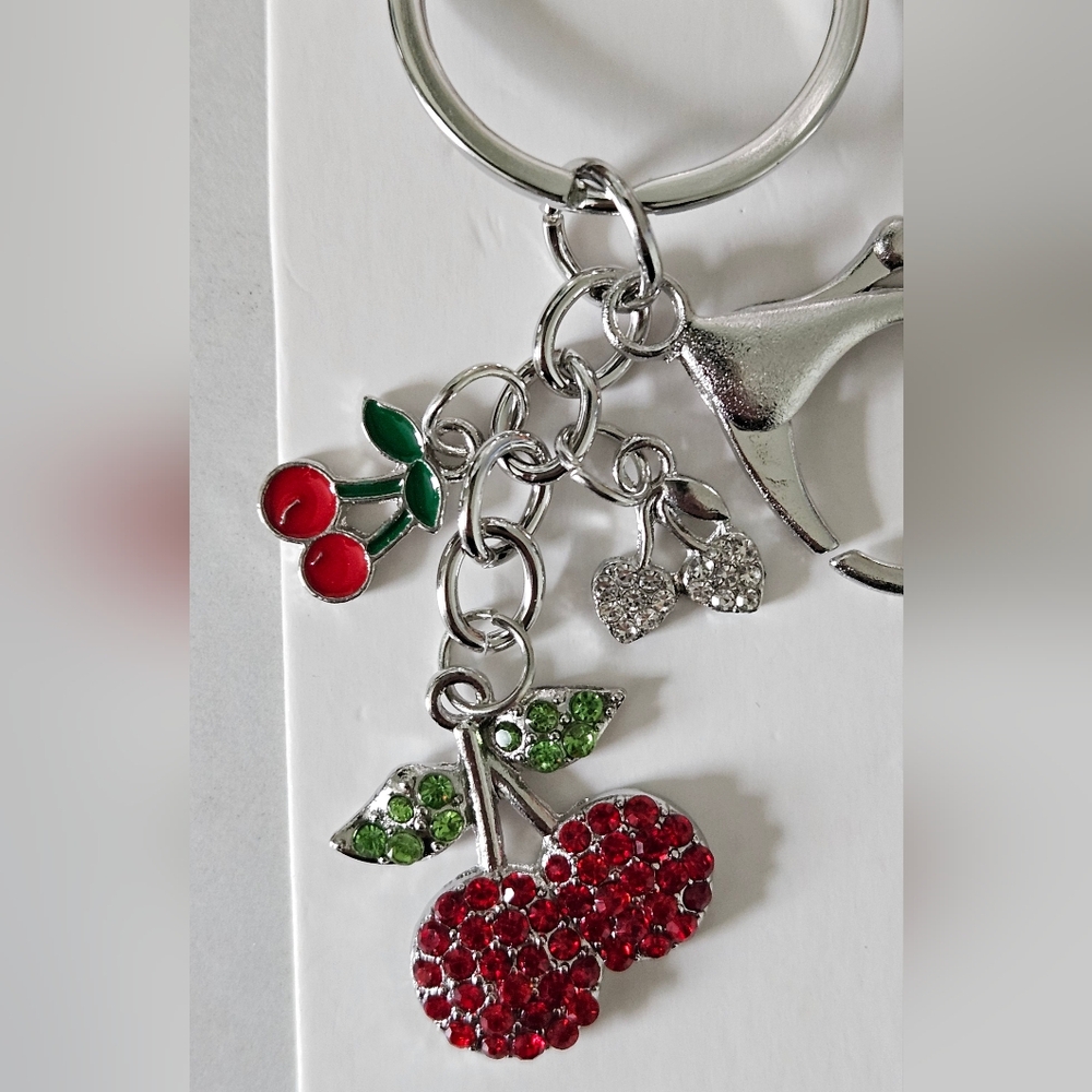 Mint Rhinestone Cherries Bag Charm Keychain w/ Silver Tone Hardware - Picture 2 of 2